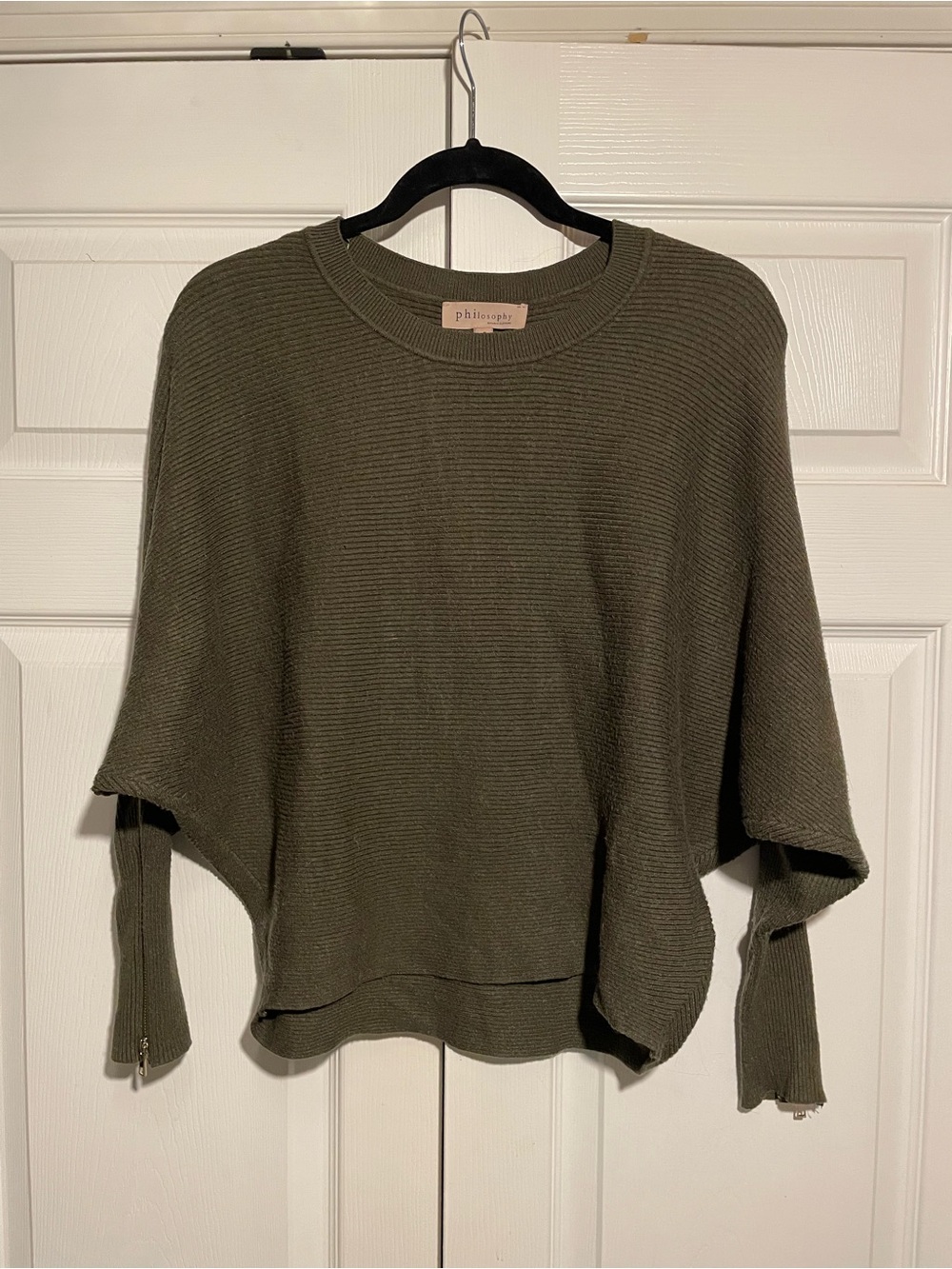 Philosophy Olive Ribbed Drop-Sleeve Crewneck Sweater